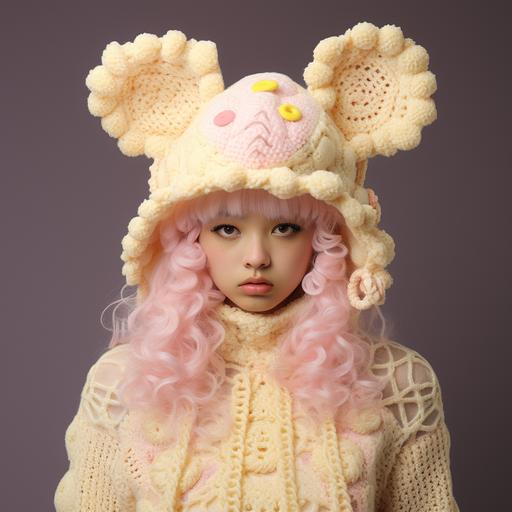 person wearing crocheted bunny hat, in the style of japonism influenced pieces, light yellow and pink, meticulous detailing, anime aesthetic, jessie arms botke, elaborate, tim shumate