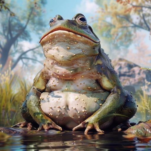 personified feral bull frog, video game character, photographic, realistic --v 6.0 --style raw --s 50