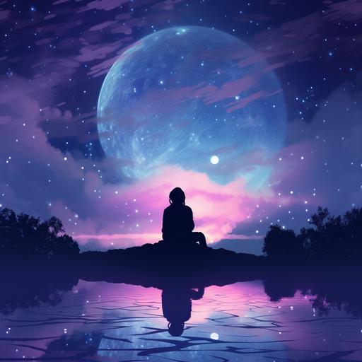 person's silhouette meditating with large moon in front of them. sky is purple, pink, and blue mixed with stars