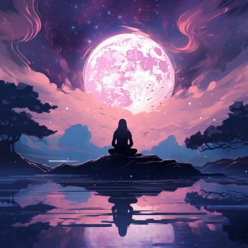 person's silhouette meditating with moon in front of them. sky is purple, pink, and blue mixed