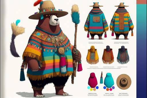 peruvian bear wearing a beaded peruvian hat llama and wearing peruvian poncho in a 90s studio ghibli style, character sheet full body 2d, bright colors detailed --ar 3:2
