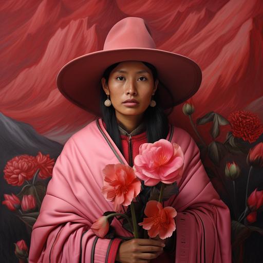 peruvian woman dressed with a soft pink coat with a red flower wall in the backroung