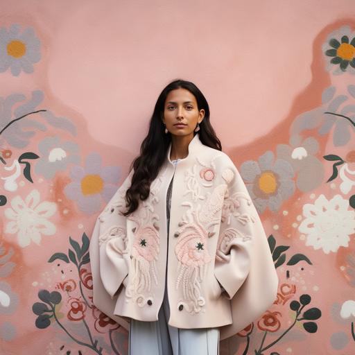 peruvian woman dressed with a soft pink coat with peruvian pattern, standing in front of a white flower wall