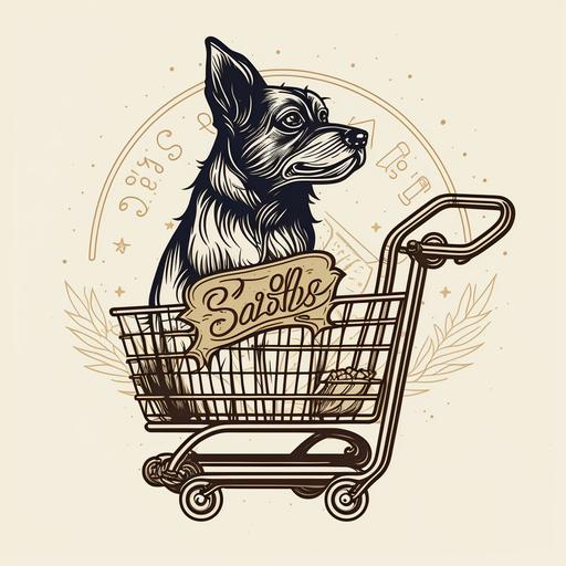 pet shop logo, dog holding shopping cart, outline