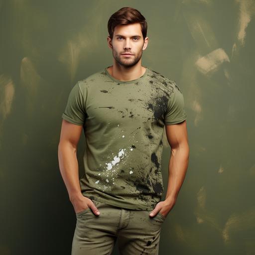 T-shirt, design, olive green base color T-shirt material with subtle layered paint splattered design diagonally across the shirt. Paint is a few subtle shades of olive green so it’s a subtle effect. Provide medium range shots of 30 year old male wearing the shirt