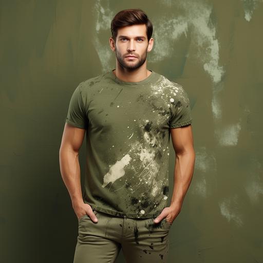 T-shirt, design, olive green base color T-shirt material with subtle layered paint splattered design diagonally across the shirt. Paint is a few subtle shades of olive green so it’s a subtle effect. Provide medium range shots of 30 year old male wearing the shirt