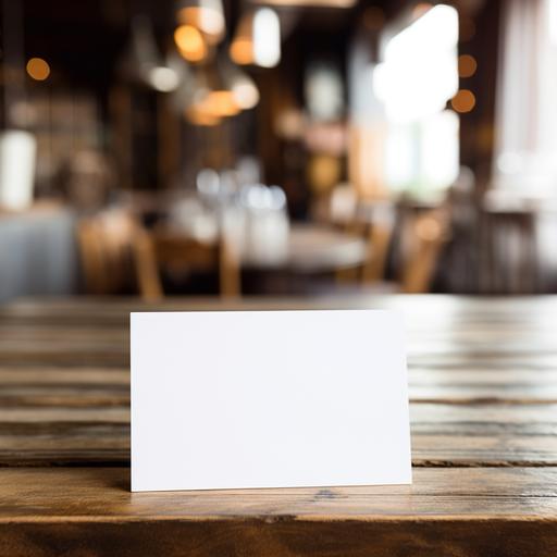 a blank white name placecard sitting on a timber table. the name card is sitting up so its almost vertical. the background is a ladies fashion store but the background is all out of focus. very shallow depth of field. place card in focus.