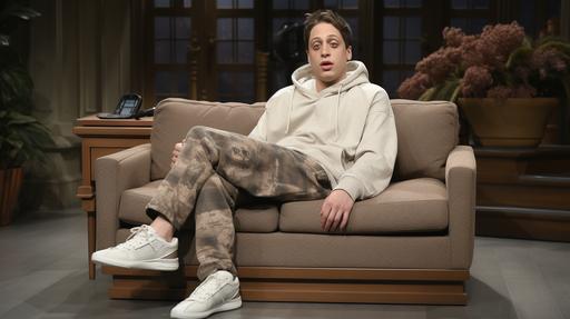 pete davidson, hypebeast man in grey tee shirt sprawled out with his shoes up on a suede couch, --ar 16:9