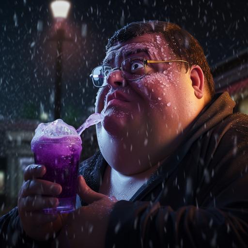 peter griffin drinking a purple magic sparkly liquid from a styrofoam cup in the rain at night