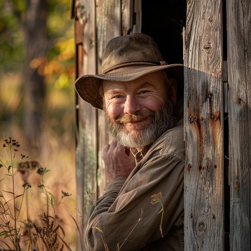 peter schumann wearing a farmers hat with a mischeivous smile sneaking out of an outhouse in a vermont countryside