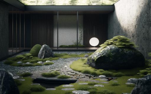 peter zumthor style, modern outdoor japanese onsen area, dry japanese rock karesensui and green moss garden, wabi atmosphere, hyper realistic details, minimal modernism, architecture, downlights, recessed lighting, Hyperrealistic photography, morning sunlight, 8k ultra detail, hd, --ar 16:10 --v 4 --q 2