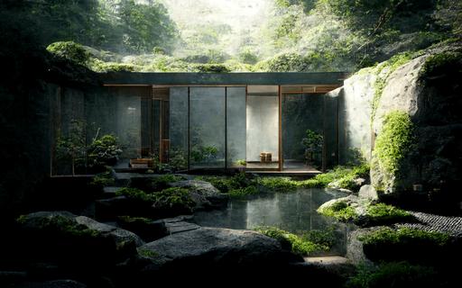 peter zumthor style, modern outdoor japanese onsen area, dry japanese rock karesensui and green moss garden, wabi atmosphere, hyper realistic details, minimal modernism, architecture, downlights, recessed lighting, Hyperrealistic photography, morning sunlight, 8k ultra detail, hd, --ar 16:10 --v 4 --q 2