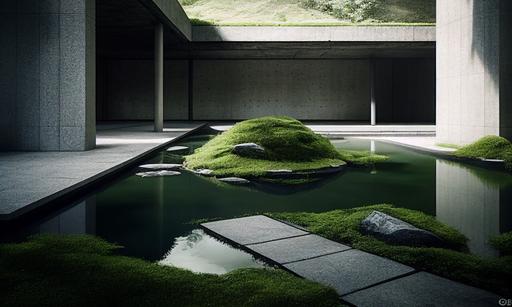 peter zumthor style, modern outdoor swimming pool area, dry japanese rock karesensui and green moss garden, wabi atmosphere, hyper realistic details, minimal modernism, architecture, downlights, recessed lighting, Hyperrealistic photography, morning sunlight, 8k ultra detail, hd, --ar 16:10 --v 4 --q 2