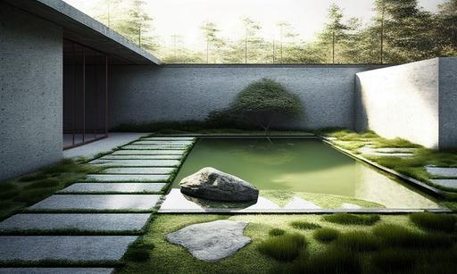 peter zumthor style, modern outdoor swimming pool area, dry japanese rock karesensui and green moss garden, wabi atmosphere, hyper realistic details, minimal modernism, architecture, downlights, recessed lighting, Hyperrealistic photography, morning sunlight, 8k ultra detail, hd, --ar 16:10 --v 4 --q 2