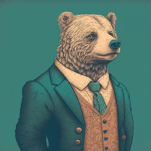 pfp of a cringing bear face:: humanoid in business attire, retro vintage illustration, rococo pastel colours, bright back ground --q 2 --v 4