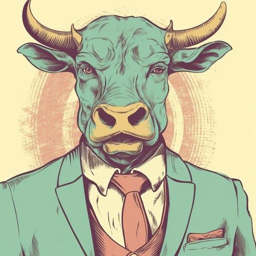 pfp of a cringing face bull headed humanoid in business attire, retro vintage illustration, rococo pastel colours, bright background --v 5 --v 4