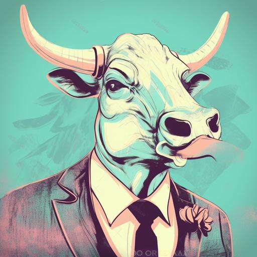 pfp of a cringing face bull headed humanoid in business attire, retro vintage illustration, rococo pastel colours, bright background --v 5 --v 4