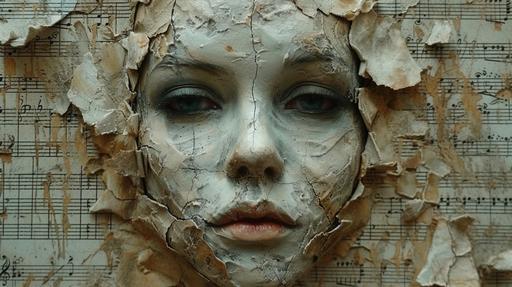 phantom of the opera mask, symphonic music sheet, torn paper, colored pencil --ar 16:9 --v 6.0 --s 750