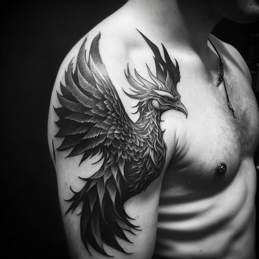 phoenix bird tattoo on shoulder finished at triceps, dotwork style