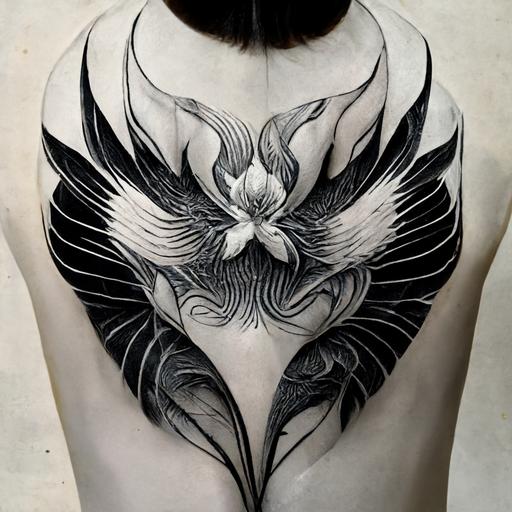 :: phoenix tattoo design, Irezumi, black and white, neo-traditional Japanese tattoo, epic, manieristic, elaborate, refined, high detail, lineart, strong crisp lines, symmetrical, masterpiece, full back tattoo