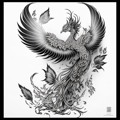 phoenix tattoo design, Irezumi, black and white, neo-traditional Japanese tattoo, epic, manieristic, elaborate, refined, high detail, lineart, strong crisp lines, symmetrical, masterpiece, full back tattoo, symbolism --v 4 --q 2