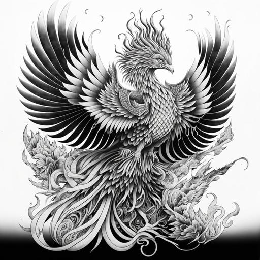 phoenix tattoo design, Irezumi, black and white, neo-traditional Japanese tattoo, epic, manieristic, elaborate, refined, high detail, lineart, strong crisp lines, symmetrical, masterpiece, full back tattoo, symbolism --v 4 --q 2