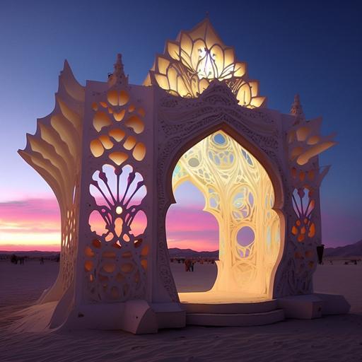 phosphorescent architecture burning man artpiece, in playa, blink-and-you-miss-it detail --v 4