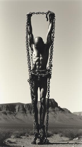 photo, 1980, Style of robert mapplethorpe, my body is fixated, black and white, masculine rugged desertpunk, desert sculpture rock, Dominick and elliot, upside down chains, --ar 9:16