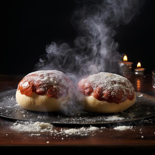 photo, 2 dough balls on bench, with pepperoni slice on top, smoke and mirrors