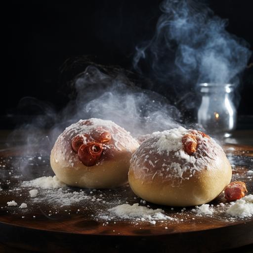 photo, 2 dough balls on bench, with pepperoni slice on top, smoke and mirrors