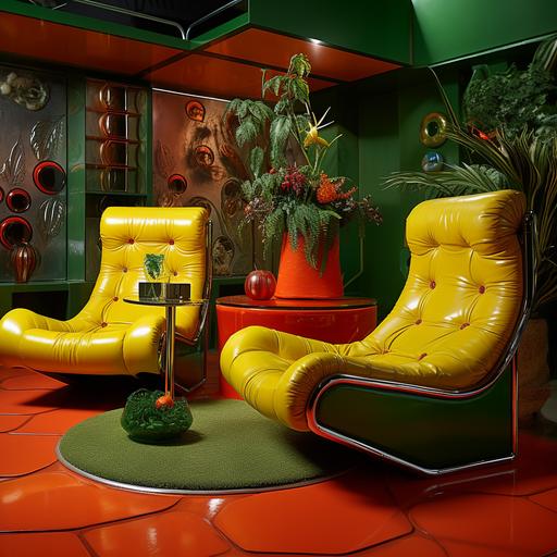 photo, 8k, retro 1970s scene, futuristic furniture as seen in the 70s, bright colours of yellow red and green, ugly decor, acherontia, hideous