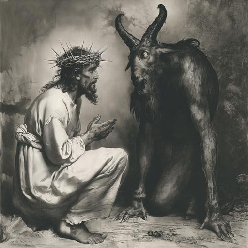 photo Jesus Christ in is knees, screaming of pain, very scared, hi has a crown of construction nails on his head. He is looking up to a standing half-man half-goat beast. --style raw --v 6.0