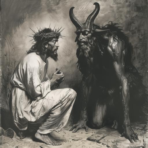 photo Jesus Christ in is knees, screaming of pain, very scared, hi has a crown of construction nails on his head. He is looking up to a standing half-man half-goat beast. --style raw --v 6.0