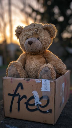 photo, a broken and old rustic plush teddy bear with cute face sits atop a box at a garage sale, button eye missing, forgotten by all the shoppers with a 