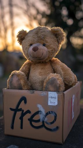 photo, a broken and old rustic plush teddy bear with cute face sits atop a box at a garage sale, button eye missing, forgotten by all the shoppers with a 