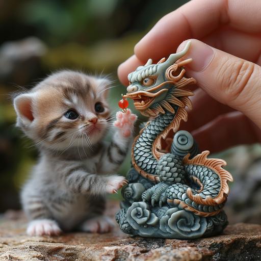 photo, a cute mischievous fingerling monkey kitten robot toy pulling at loong dragon earring of handsome hirsute male * - Image #4  --s 750 --c 10 --v 6.0
