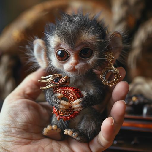 photo, a cute mischievous fingerling monkey kitten robot toy pulling at loong dragon earring of handsome hirsute male --v 6.0 --s 250