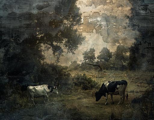 a painting shows cows grazing in a field near trees, in the style of camille corot, romantic ruins, alessio albi, xu beihong, ferrania p30, trompe-l'œil, happenings --ar 32:25