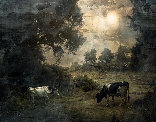 a painting shows cows grazing in a field near trees, in the style of camille corot, romantic ruins, alessio albi, xu beihong, ferrania p30, trompe-l'œil, happenings add a sunset --ar 32:25 --v 6.0