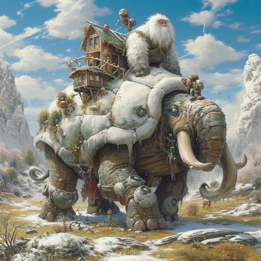 photo, a yeti riding a sabertooth woolly mammoth, on top of a giant walking turtle house, through a spring meadow in winter as the ice melts --v 6.0 --s 250
