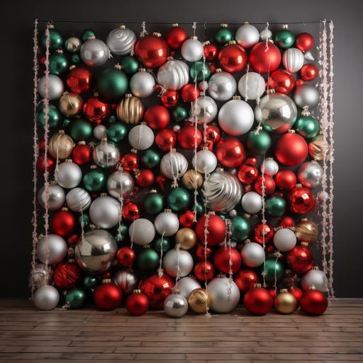 photo backdrop of a Christmas ornament wall with red and white and green Christmas ornaments, hyper realistic, festive photo backdrop