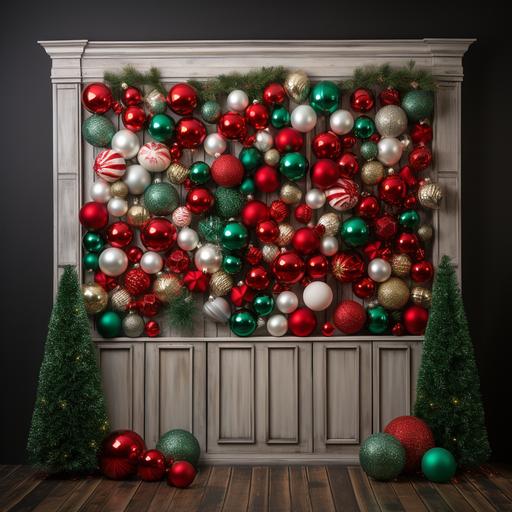 photo backdrop of a Christmas ornament wall with red and white and green Christmas ornaments, hyper realistic, festive photo backdrop
