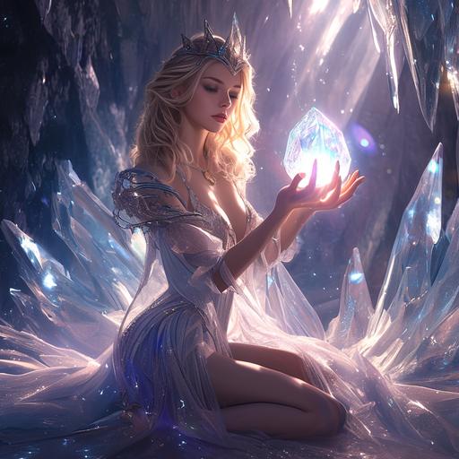 photo beautiful elven queen kate upton holding a glowing magic orb, kneeling in a giant crystal cave, in the style of gil elvgren and frank frazetta and elven fortress of solitude, glossy, reflections, translucence, lens flare, masterpiece, elfpunk, icecore, magic epic elven beauty --s 650 --style raw --niji 6