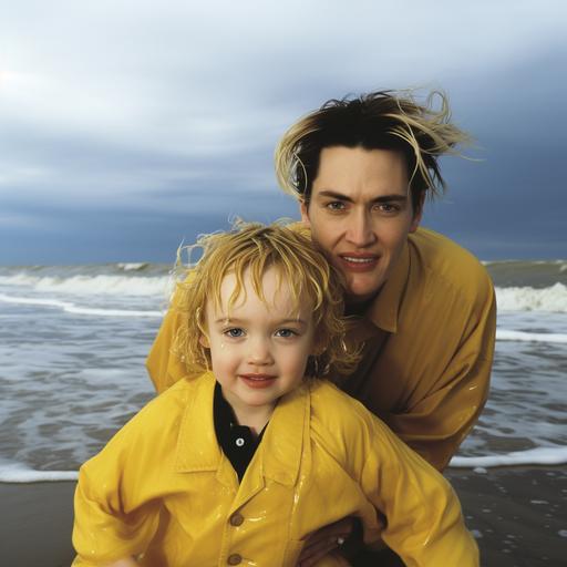 photo, cate Winslet with lemon cello hair annoying 5 year old jim carrey while on an overcast beach, surreal landscapes, eternal darkness of the whimsical mind --style raw