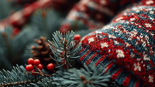 photo, desktop ultra wide wallpaper, ugly sweater closeup of nitted wool Christmas jumper, rustic 1980s, pine needles and pine tree forest wallpaper --ar 16:9 --v 6.0