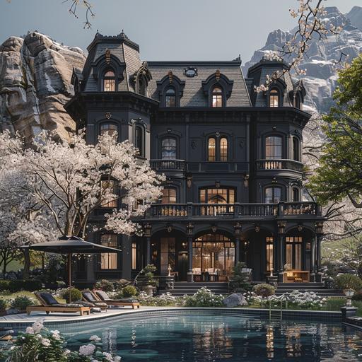 photo, exterior shot of a gorgeous pristine 3 story Victorian mansion from the 1800s, with synthwave ambrotype windows, in black matte finish, with modern manicured gardens and pool, multilevel garden with square minimalist approach, and a background of tall white cherry blossom trees overhanging cliffs and rocky mountains, --v 6.0 --s 250