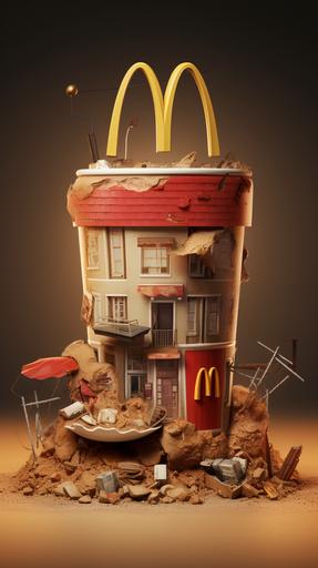 photo, illustrations, a mcdonalds thickshake cup sits on the side of the road, a little folded, trash, desertpunk, home for ants with ants building a hotel out of the cup, mcdonalds cup architecture, modern rustic design, inspired by west elm and mcdonalds and not caring about the environment --ar 9:16