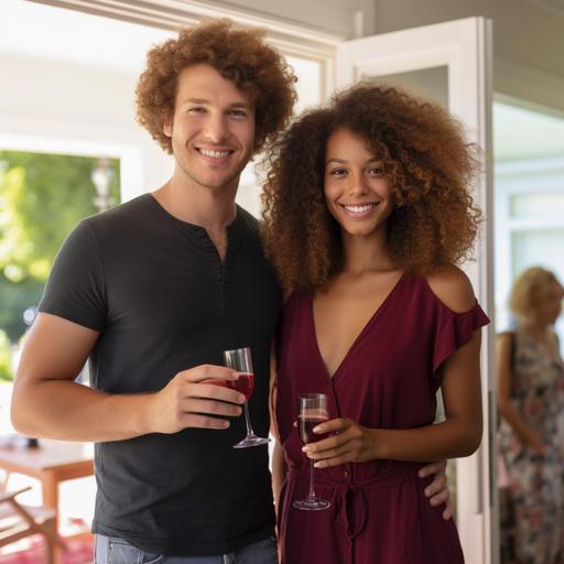 photo in 4K of a couple standing side by side. Black girl with freckles and fro with a White man with long brown hair walking int the home door with a drink carrier for a house warming party. Gental smiles. 3PM in the afternoon. Bright sunny day