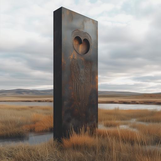 photo, in a field of long meadow grass with rolling hills and beautiful rivers, a constructivist neo brutalist monolith stands, with a horned owl engraved door made of iron, inspired by West elm --v 6.0 --s 250