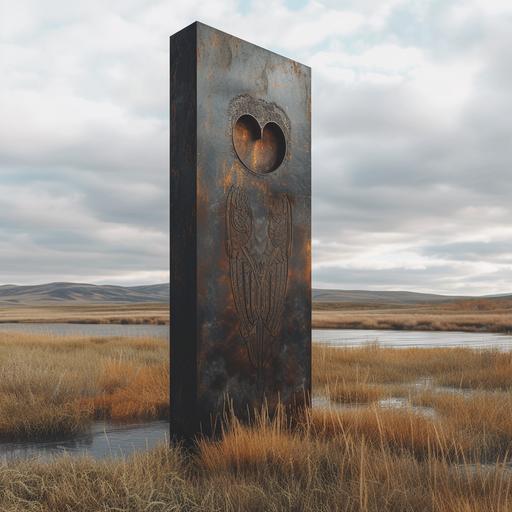 photo, in a field of long meadow grass with rolling hills and beautiful rivers, a constructivist neo brutalist monolith stands, with a horned owl engraved door made of iron, inspired by West elm --v 6.0 --s 250